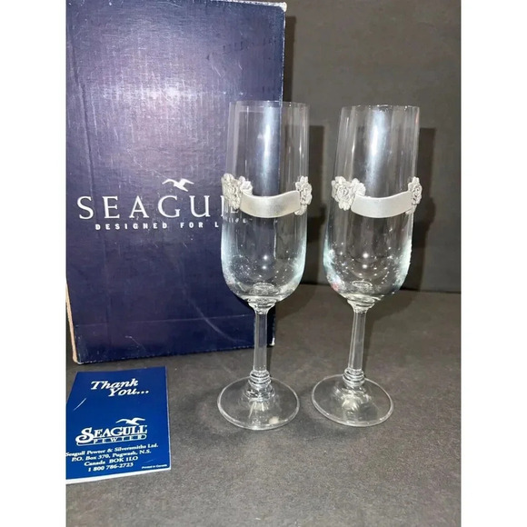Seagull pewter wedding flutes wine glasses crystal rose engravable gift VINTAGE